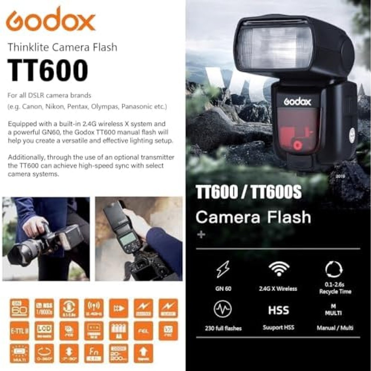 Godox Kit 2x TT600 + Trigger X2T-C – Flash HSS 2.4G Per Canon Con Trasmissione Wireless E Bluetooth