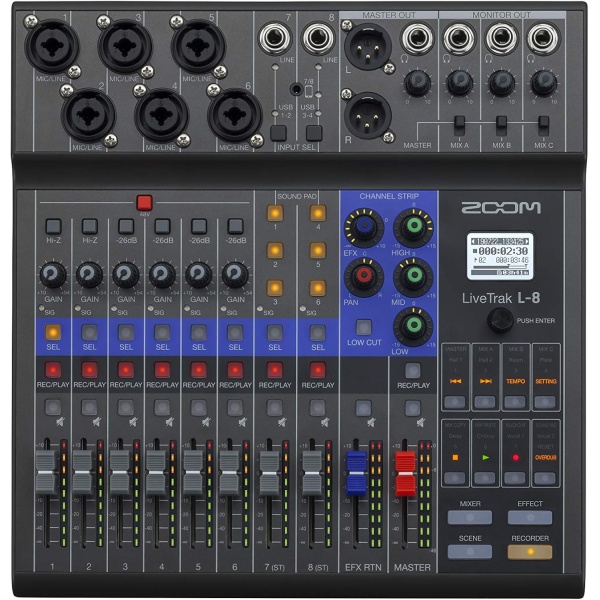 Zoom LiveTrak L-8 Recorder/Mixer for Musicians & Podcasters, 6 Combo + 2 Stereo